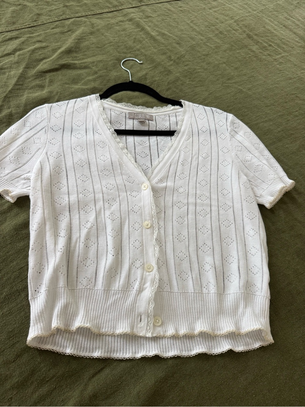 J. Crew White Short-Sleeve Eyelet Button-Front Cardigan